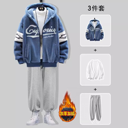gxmy羊羔絨棉衣男冬季潮牌連帽棉服男士外套搭配衣服男裝棉襖三件套 Y017藍色+棉白T+加絨灰衛褲 XL 【適合120-140斤】