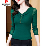 皮爾卡丹（pierre cardin）V領(lǐng)打底衫女內搭春秋年新款黑色網(wǎng)紗長(cháng)袖T恤上衣洋氣蕾絲上衣 綠色-長(cháng)袖 2XL