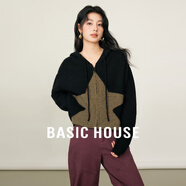 Basic House/百家好撞色星星連帽毛衣冬季洋氣綿羊毛短款開(kāi)衫外套 黑色 M