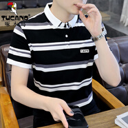 啄木鳥(niǎo)短袖T恤男純棉新款夏季條紋polo男衫薄款體恤潮牌商務(wù)休閑上衣服 1918黑色 M (85-105斤)
