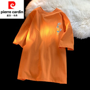 皮爾卡丹（pierre cardin）新中式白色短袖T恤男夏季潮牌圓領(lǐng)半袖體恤寬松國風300g重磅衣服 橘黃色 S 85斤至100斤可穿