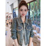 妹丫歐貨設計感破邊流蘇工藝鉆扣牛仔外套女2025秋季新款復古夾克上衣 藍色 M