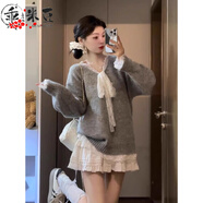 乖米豆灰色設(shè)計(jì)感蕾絲拼接蝴蝶結(jié)長袖毛衣針織衫女秋季休閑寬松氣質(zhì)上衣 灰色假兩件 M 建議95-105斤