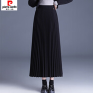 皮爾卡丹（pierre cardin）秋冬新款毛呢半身裙高腰百褶裙顯瘦中長(cháng)款A字裙松緊腰大擺裙 黑色(裙長(cháng)85厘米) 彈力腰圍 均碼
