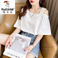 啄木鳥（TUCANO）露肩短袖t恤女夏季2025新款寬松韓版設(shè)計(jì)感性感露鎖骨一字肩上衣 白色 XL