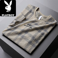 花花公子（PLAYBOY）仿麻冰絲男士T恤短袖2025新款夏季透氣上衣高端格子半袖體恤衫潮 杏色 XL 130-150斤