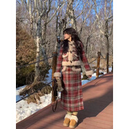皮爾卡丹（pierre cardin）冬天衣服女套裝節日氛圍格子外套搭配半裙冬季紅格毛毛小香風(fēng)套裝 套裝 S