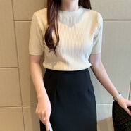 詩中依2025年夏季新款修身針織衫短袖上衣女套頭毛衣內搭短款圓領打底衫 杏色【專柜品質】顯氣質+100% L 碼 建議105-115斤