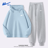 回力連帽衛(wèi)衣衛(wèi)褲套裝女2025春秋女裝新款時尚百搭休閑運(yùn)動風(fēng)兩件套 螺紋收腳褲款：藍(lán)+灰回力白標(biāo)k L （建議110-120斤）