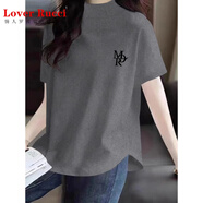 LOVER RUCCI純棉下擺不規則半高領(lǐng)短袖t恤女2025夏季中長(cháng)款大碼寬松顯瘦上衣 灰色-MQ L