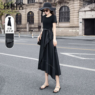 絲柏舍2026春夏裝新女士短袖顯瘦拼接不規則長(cháng)裙綁帶連衣裙