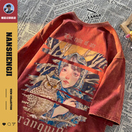 楠笙記美式復古t恤男重磅短袖夏天水洗做舊ins潮牌男生寬松五分半截袖 粉色 M （90~110斤）