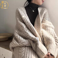 蔓草寇毛衣外套女長款韓國針織開衫女秋冬外穿復古寬松慵懶過膝加厚中長 杏色 L_建議100-115斤