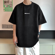 Tim Peake美式t恤男復(fù)古麂皮絨短袖oversize小領(lǐng)口JP40 黑色 M