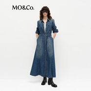 MO&Co.連衣裙春高腰腰帶洗磨棉質復古襯衫長裙MBE1DRS035 牛仔藍色 M 165