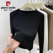 皮爾卡丹（pierre cardin）春秋2025新款圓領(lǐng)坑條針織衫女修身套頭超短款毛衣小個(gè)子顯瘦打底 2024黑色 款2025 M 建議90斤-100斤