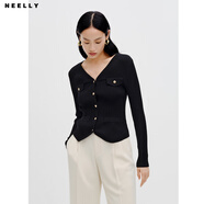 NEELLY納儷商場同款V領(lǐng)長袖針織衫綿羊毛春新款不規(guī)則下擺開衫女 黑色 S