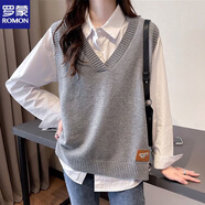 羅蒙（ROMON）針織馬甲背心女春秋毛線(xiàn)裝2025新款寬松毛衣坎肩外搭無(wú)袖短款上衣 灰色 M