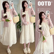 孕婦裝春秋外穿新款簡(jiǎn)約裙子甜美淑女寬松連衣裙孕婦時(shí)尚開(kāi)衫套裝 套裝（外衫+吊帶裙） L建議105-125斤