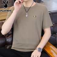花花公子（PLAYBOY）短袖T恤男士夏季圓領(lǐng)冰絲速干彈力涼感透氣五分半袖體恤男上衣服 卡其色 XL (建議 130-145斤)