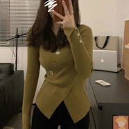 KAHTOP2025春秋新款毛衣女寬松娃娃領(lǐng)短款針織衫慵懶溫柔風(fēng)復(fù)古上衣BLL 交叉高腰款橄欖綠 均碼