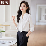 晨芙V領(lǐng)雪紡襯衫女士長(cháng)袖春秋職業(yè)套裝高級感氣質(zhì)襯衣面試工作服上衣 白色襯衫+黑西褲 M 建議90-100斤
