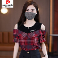 皮爾卡丹（pierre cardin）短袖雪紡衫女新款假兩件露肩上衣夏季遮肚子顯瘦時(shí)尚洋氣襯衫 酒紅色格子上衣 建議135-145斤 3XL
