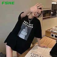 FSHE胖mm大碼女裝休閑中長(cháng)款短袖女T恤夏季寬松遮肚子半袖體恤上衣 黑色 2XL (135-145斤)