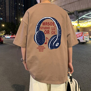 窈欣2025新款夏季短袖T恤男音樂耳機(jī)寬松半袖潮牌純棉體恤衫 淺咖色 2XL