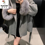 啄木鳥(niǎo)綁帶毛毛袖法式赫本風(fēng)毛呢外套女秋冬呢子氣質(zhì)高級感修身顯瘦大衣 灰色 M