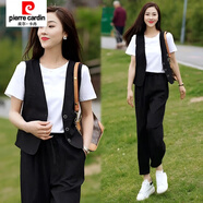 皮爾卡丹（pierre cardin）微胖穿搭一整套2025夏季新款大碼t恤馬甲哈倫褲遮肉顯瘦三件套女 黑色三件套 (建議145斤-160斤) 3XL