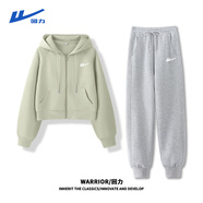 回力牛奶絲短開衫衛(wèi)衣收腳褲子女2025春秋女裝新款新年戰(zhàn)袍小香風套裝 灰綠回力白標K+灰回力白標K M （建議95-110斤）