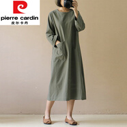 皮爾卡丹（pierre cardin）棉麻2025春秋新款連衣裙中長(cháng)款文藝長(cháng)袖日系森女A字裙 淺綠色今年流行的輕奢品牌 2XL 【140-155斤】
