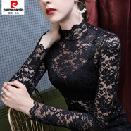 皮爾卡丹（pierre cardin）2024秋冬立領(lǐng)蕾絲打底衫女網(wǎng)紗修身冬季高領(lǐng)洋氣小衫女裝加絨上衣 黑色 常規(guī)款 S