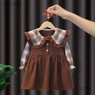 SKONWAT女童連衣裙春秋裝2023新款兒童洋氣寶寶連衣裙娃娃領(lǐng)秋冬款公主裙 褐色 不加絨格子娃娃領(lǐng) 90 建議身高90CM左右