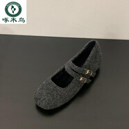 啄木鳥(niǎo)內增高韓系灰色一字帶毛毛瑪麗珍鞋新款氣質(zhì)格雷系單鞋 灰色雙扣帶款 36