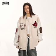 F426國潮牌春季寬松休閑刺繡毛巾繡毛呢棒球服夾克 米白色 L