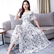 漫佩 冰絲碎花連衣裙女夏長款2025夏裝新款大碼寬松顯瘦遮肚子長裙 白色 XL 【建議115-125斤】