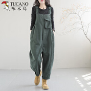 啄木鳥(niǎo)（TUCANO）背帶褲女2025新款春秋季減齡休閑百搭文藝復古時(shí)尚大碼胖mm連體褲 綠色薄 輕薄 L 【建議100-140斤】