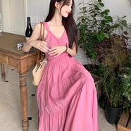 第喜武法式浪漫連衣裙女海邊度假風(fēng)v領(lǐng)露背綁帶設(shè)計(jì)感長(zhǎng)裙粉色氣質(zhì)裙子 圖片色 均碼