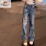 范哲狼（FANZELANG）個(gè)性彩繪破洞白色牛仔褲女夏新款高腰寬松顯瘦直筒闊腿拖地褲 藍色破洞牛仔褲 L 110-125斤