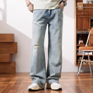 后琤美式復古破洞牛仔褲男寬松直筒闊腿休閑褲男士2025春夏季新款褲子 藍色 28 （90-110斤）
