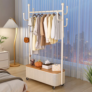 木樽蓋板衣帽架臥室掛衣架落地單桿可移動(dòng)家用客廳多功能帶輪晾衣服架 83cm 白架+木紋色蓋板