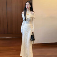 梵詩(shī)哲新中式國風(fēng)改良旗袍連衣裙秋冬款掛脖露肩針織長(cháng)袖收腰氣質(zhì)長(cháng)裙子 圖片色 S 建議80-95斤