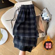 艾妃琳加絨加厚格子新款褲女秋冬寬松拉德2025高腰直筒顯瘦休閑拖地褲子 藏藍【冬季】 加絨 S 建議96斤以下