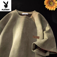 花花公子棕色麂皮絨重磅美式小領(lǐng)口t恤男短袖寬松慵懶風(fēng)復古潮牌七分袖夏 軍綠色1 【主圖款】 S