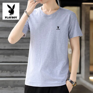 花花公子（PLAYBOY）新款夏季純棉短袖t恤男百搭純色上衣圓領(lǐng)寬松套頭體恤潮流打底衫 DX淺灰色 3XL （建議150-165斤）