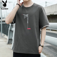 花花公子（PLAYBOY）短袖T恤男夏季男士休閑衣服寬松純棉半袖潮流打底衫 深灰 3XL