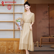 夢(mèng)嬌天絲棉連衣裙女2025夏季新款V領(lǐng)修身短袖設計感收腰顯瘦連衣裙潮 香檳色 L 【111-120斤】
