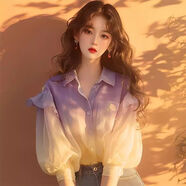 巧除紫色印花襯衫春夏女款2025年新款小眾獨(dú)特別致泡泡袖漸變撞色上衣 圖片色 XL